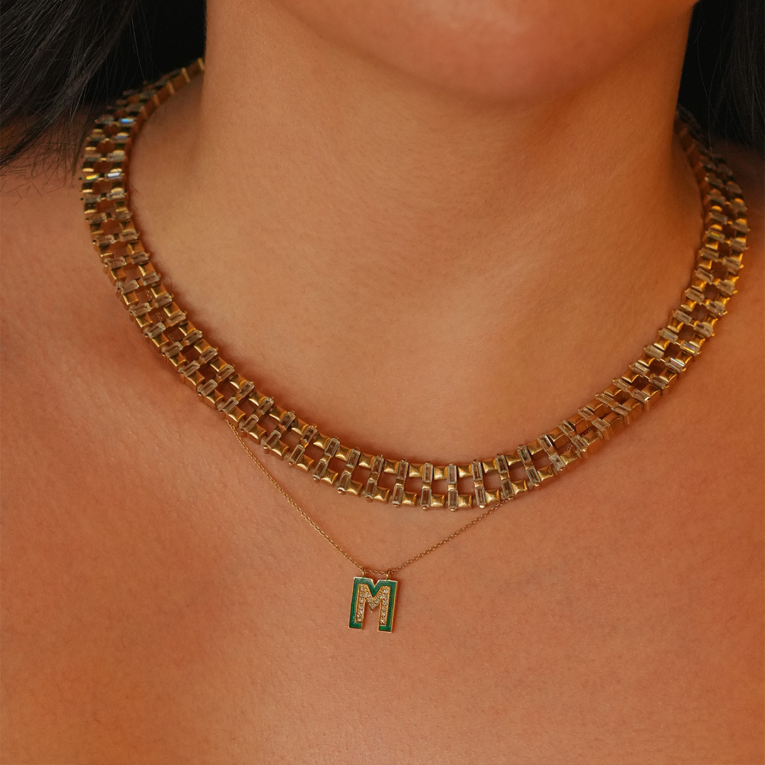 CAOCA Enameled Big Letter Gold and Diamond Necklace