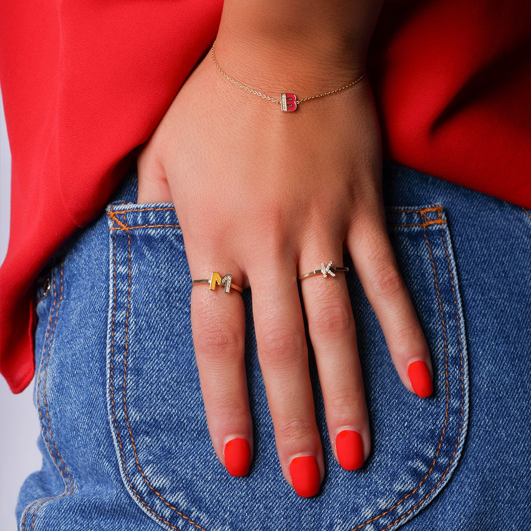 CAOCA Enamel Letter B Gold and Diamond Bracelet